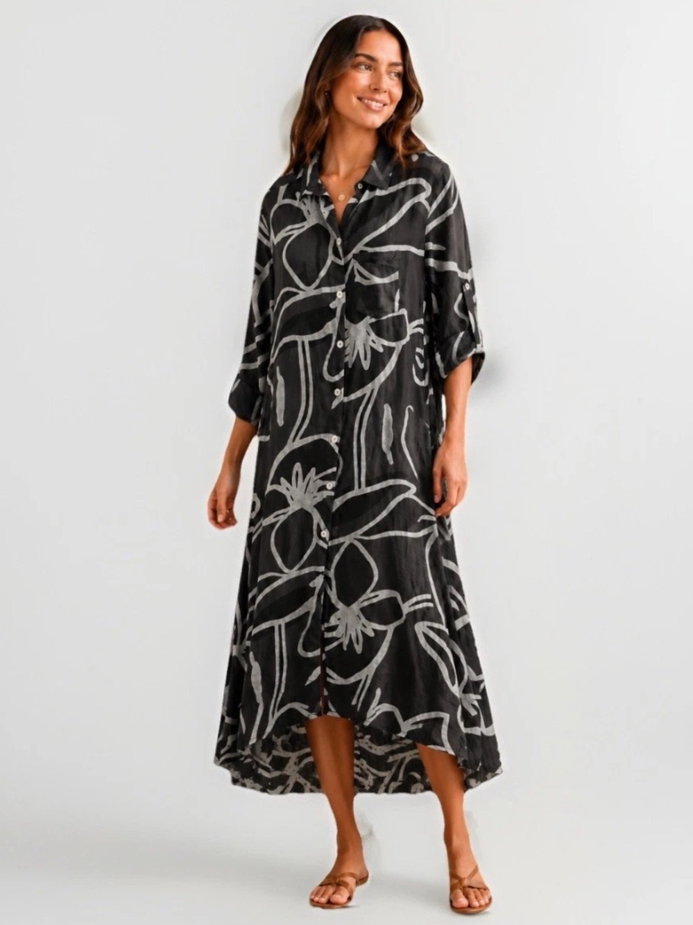 Linen Floral Midi Maxi Dress coastal beach 3/4 sleeve